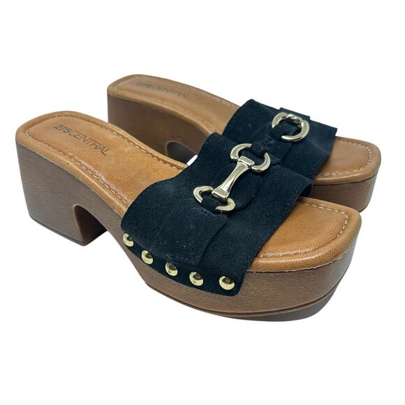 275 Central Sloane Sandal Shoes Clog Heel Gold Hardware Suede Black Size 39 US 9 - Picture 1 of 12